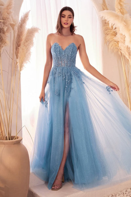 CD CD962 - Strapless A-Line Prom Gown with Sheer 3D Floral Boned Bodic –  Diggz Formals
