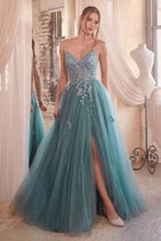 CD C148 - Lace & Tulle A-Line Prom Gown with Sheer Corset Bodice & Hidden Leg Slit PROM GOWN Cinderella Divine 4 DUSTY TEAL 