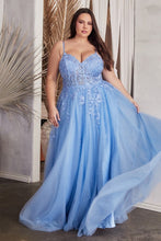 CD C148C - Plus Size Lace & Tulle A-Line Prom Gown with Sheer Corset Bodice & Hidden Leg Slit PROM GOWN Cinderella Divine 18 BLUE 