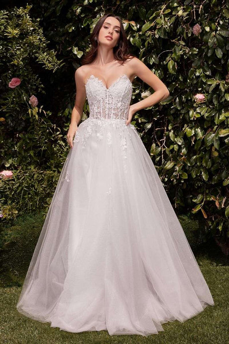CD C148W - Layered Shimmer Tulle A-Line Wedding Gown with Sheer Beaded Lace Corset Bodice & Leg Slit PROM GOWN Cinderella Divine