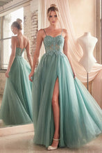 CD C150 - Lace Over Layered Tulle A-Line Prom Gown with Lace Up Corset Back & Leg Slit PROM GOWN Cinderella Divine 2 DUSTY TEAL 