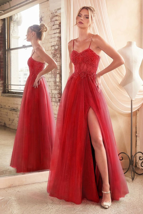 CD C150 - Lace Over Layered Tulle A-Line Prom Gown with Lace Up Corset Back & Leg Slit PROM GOWN Cinderella Divine 2 RED 