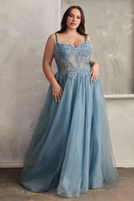 CD C150C - Plus Size Lace Over Layered Tulle A-Line Prom Gown with Lace Up Corset Back & Leg Slit PROM GOWN Cinderella Divine 18 BLUE 