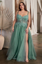 CD C150C - Plus Size Lace Over Layered Tulle A-Line Prom Gown with Lace Up Corset Back & Leg Slit PROM GOWN Cinderella Divine 18 DUSTY TEAL 