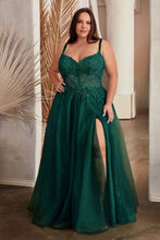 CD C150C - Plus Size Lace Over Layered Tulle A-Line Prom Gown with Lace Up Corset Back & Leg Slit PROM GOWN Cinderella Divine 18 EMERALD 
