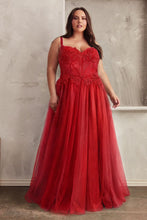 CD C150C - Plus Size Lace Over Layered Tulle A-Line Prom Gown with Lace Up Corset Back & Leg Slit PROM GOWN Cinderella Divine 18 RED 