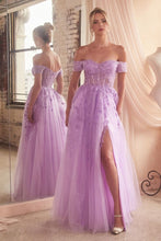 CD C154 -Off The Shoulder Lace Accented Tulle A-Line Prom Gown with Sheer Boned Bodice & Leg Slit PROM GOWN Cinderella Divine 4 LAVENDER 