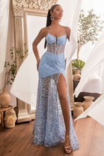 CD C155 - Glitter Print Fit & Flare Prom Gown with Sheer Boned Bodice Sheer Skirt & Leg Slit PROM GOWN Cinderella Divine 2 SMOKY BLUE 