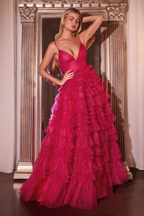 CD C156 - Glitter Tulle A-Line Prom Gown with Fitted Gathered Waist Deep V-Neck & Layered Ruffled Skirt PROM GOWN CINDERELLA DIVINE 2 Fuchsia 