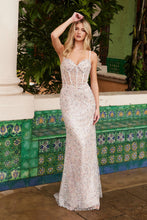 N C1609 - Beaded Fit & Flare Prom Gown with Sheer Boned Bodice Sheer Under Arms & Open Lace Up Back