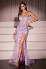 CD C162 - Full Sequin Fit & Flare Prom Gown with Sheer Boned Bodice & Leg Slit