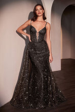 CD C167 - Strapless Glitter Print Fit & Flare Prom Gown with Crystal Trimmed Plunging V-Neck & Overskirt PROM GOWN Cinderella Divine 2 Black