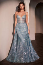 CD C167 - Strapless Glitter Print Fit & Flare Prom Gown with Crystal Trimmed Plunging V-Neck & Overskirt PROM GOWN Cinderella Divine 2 Dusty Blue