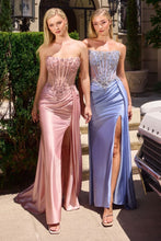 CD C169 - Strapless Stretch Satin Fit & Flare Prom Gown with Sheer Beaded Lace Corset Bodice Leg Slit & Side Sash PROM GOWN Cinderella Divine 0 Blush