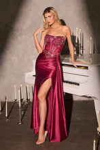 CD C169 - Strapless Stretch Satin Fit & Flare Prom Gown with Sheer Beaded Lace Corset Bodice Leg Slit & Side Sash PROM GOWN Cinderella Divine