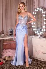 CD C171 - Stretch Satin Fit & Flare Prom Gown with Sheer Intricate detailed Bodice & Leg Slit PROM GOWN Cinderella Divine 0 Blue
