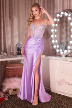 CD C171 - Stretch Satin Fit & Flare Prom Gown with Sheer Intricate detailed Bodice & Leg Slit PROM GOWN Cinderella Divine 0 Lavender