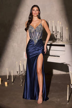 CD C171 - Stretch Satin Fit & Flare Prom Gown with Sheer Intricate detailed Bodice & Leg Slit PROM GOWN Cinderella Divine 0 Navy