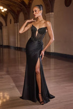 CD C172 - Hot Beaded Stretch Satin Fit & Flare Prom Gown with Sheer Beaded Corset Bodice Leg Slit & Scoop Back PROM GOWN Cinderella Divine 0 Black