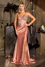 CD C172 - Hot Beaded Stretch Satin Fit & Flare Prom Gown with Sheer Beaded Corset Bodice Leg Slit & Scoop Back PROM GOWN Cinderella Divine 0 Rose gold