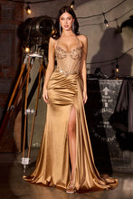 CD C173 - Stretch Satin Fit & Flare Prom Gown with Sheer Rhinestone Embellished Halter Corset Bodice Leg Slit & Side Sash PROM GOWN Cinderella Divine 0 Gold
