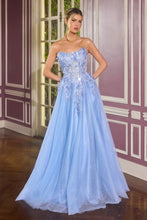CD C174 - Strapless Layered Shimmer Tulle A-Line Prom Gown with Sheer Beaded 3D floral Corset Bodice & open Lace Up Back PROM GOWN Cinderella Divine 0 Blue