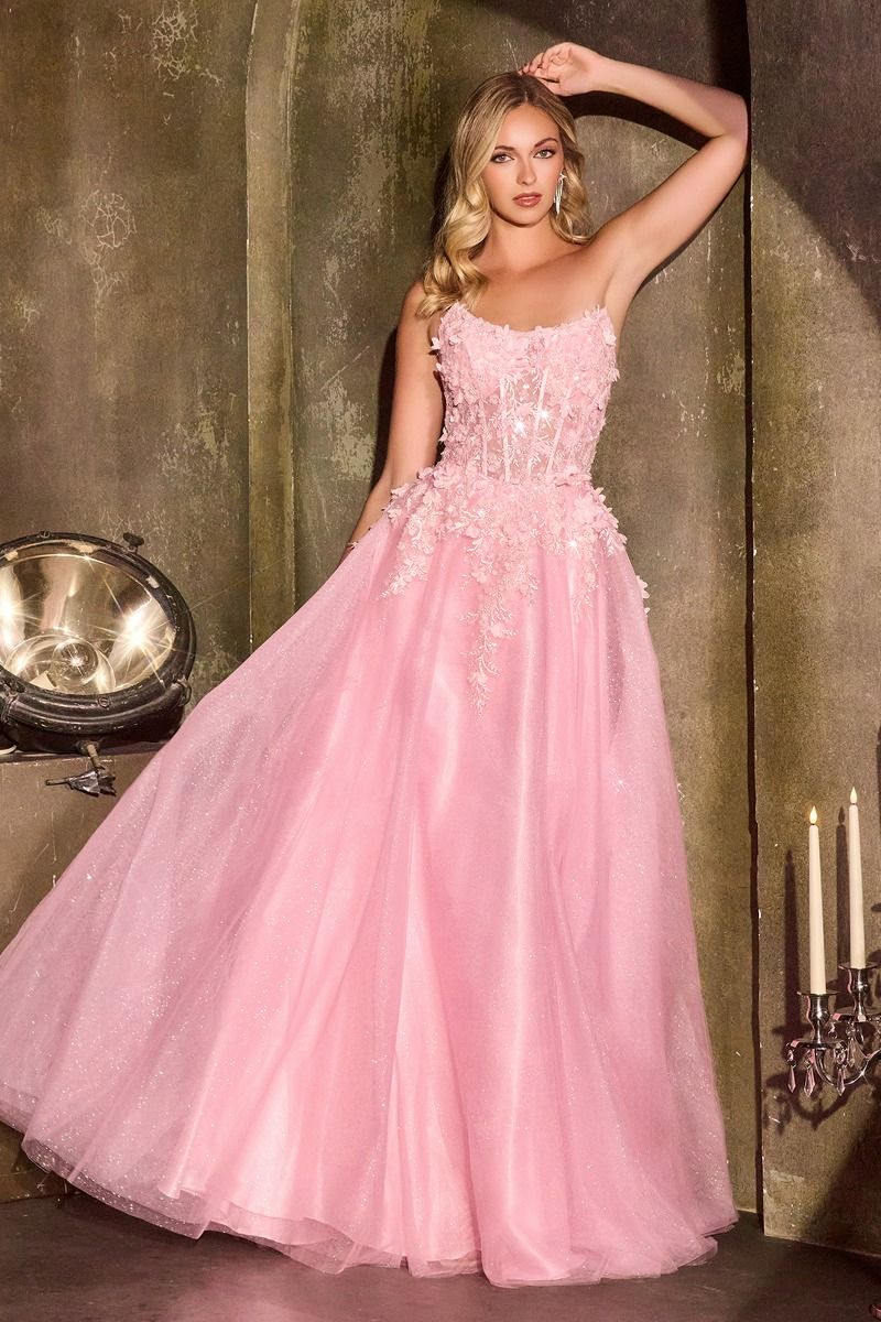 CD C174 - Strapless Layered Shimmer Tulle A-Line Prom Gown with Sheer Beaded 3D floral Corset Bodice & open Lace Up Back PROM GOWN Cinderella Divine 0 Pink