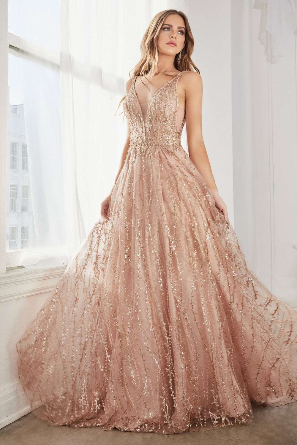 CD C32 - Glitter & Lace A-Line Prom Gown with V-Neck Sheer Side Panels & Open Back PROM GOWN Cinderella Divine 4 ROSE GOLD 