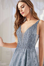 CD C32 - Glitter & Lace A-Line Prom Gown with V-Neck Sheer Side Panels & Open Back PROM GOWN Cinderella Divine 6 SMOKY BLUE 