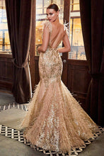 CD C57 - Glitter Patterned Feather Embellished Fit & Flare Prom Gown with V-Neck PROM GOWN Cinderella Divine   