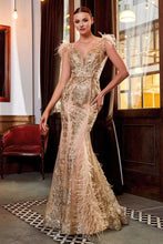 CD C57 - Glitter Patterned Feather Embellished Fit & Flare Prom Gown with V-Neck PROM GOWN Cinderella Divine 6 GOLD 