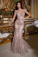 CD C57 - Glitter Patterned Feather Embellished Fit & Flare Prom Gown with V-Neck PROM GOWN Cinderella Divine   