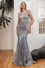 CD C57 - Glitter Patterned Feather Embellished Fit & Flare Prom Gown with V-Neck PROM GOWN Cinderella Divine 4 SMOKY BLUE 