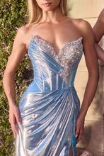 CD CA113 - Strapless Liquid Metallic Fit & Flare Prom Gown with Crystal Accented Corset Bodice Leg Slit & Open Lace Up Back PROM GOWN Cinderella Divine