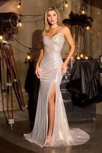 CD CA115 - Stretch Metallic Fit & Flare Prom Gown with Sheer Beaded Corset Bodice Leg Slit & Open Lace Up Back PROM GOWN Cinderella Divine 0 Platinum