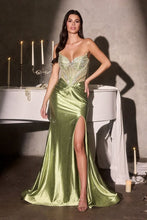 CD CA121- Strapless Shimmer Satin Fit & Flare Prom Gown with Rhinestone Embellished Corset Bodice Leg Slit & Open Lace Up Back PROM GOWN Cinderella Divine 0 Greenery