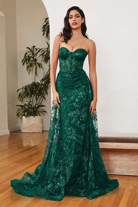 CD CB046 - Strapless Glitter Print Fit & Flare Prom Gown Boned Corset Bodice PROM GOWN Cinderella Divine 6 EMERALD 