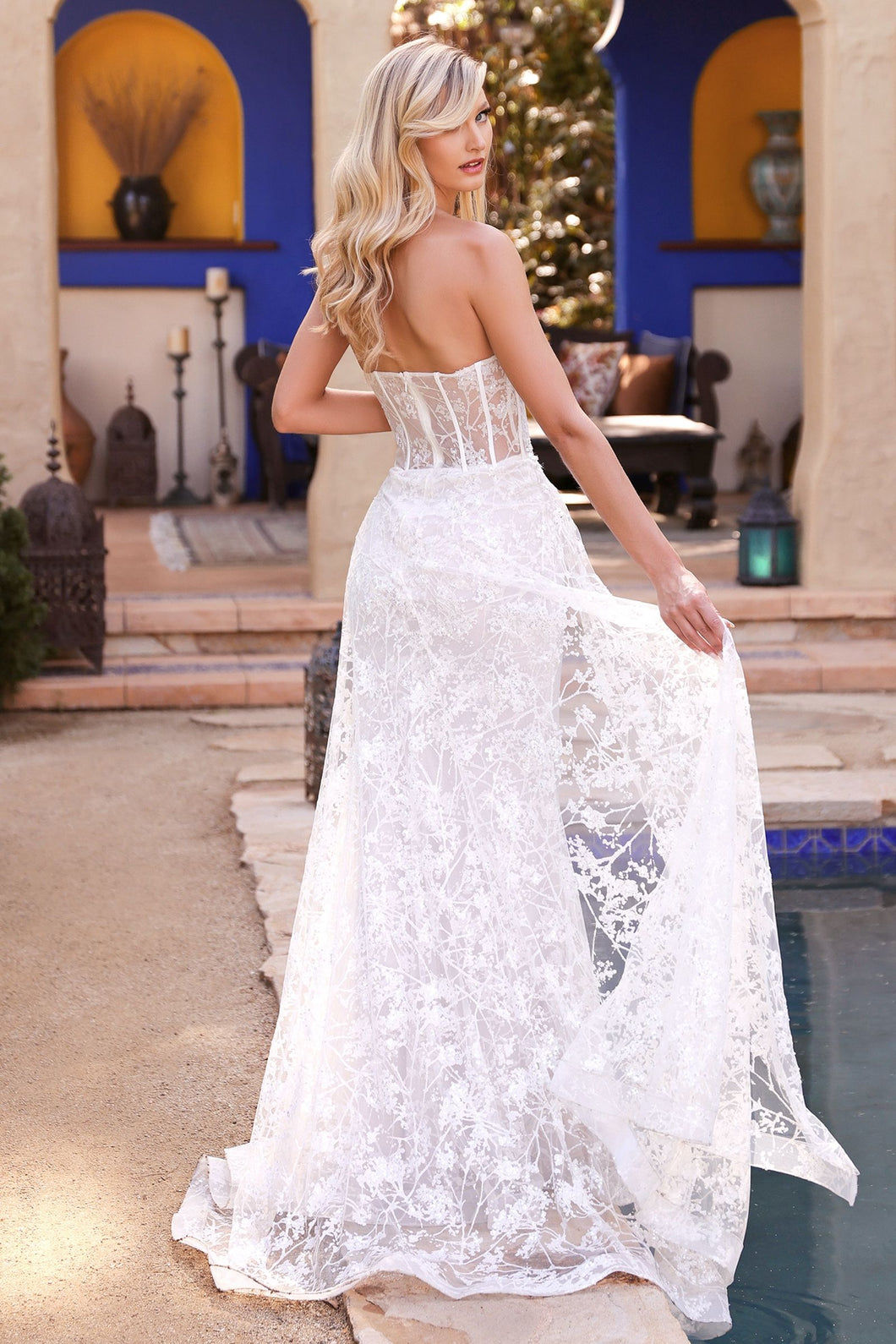 CD CB046W - Strapless Glitter Lace Fit & Flare Wedding Gown with Sheer Diggz Formals CD CB046W - Strapless Glitter Lace Fit & Flare Wedding Gown with Sheer Diggz Formals