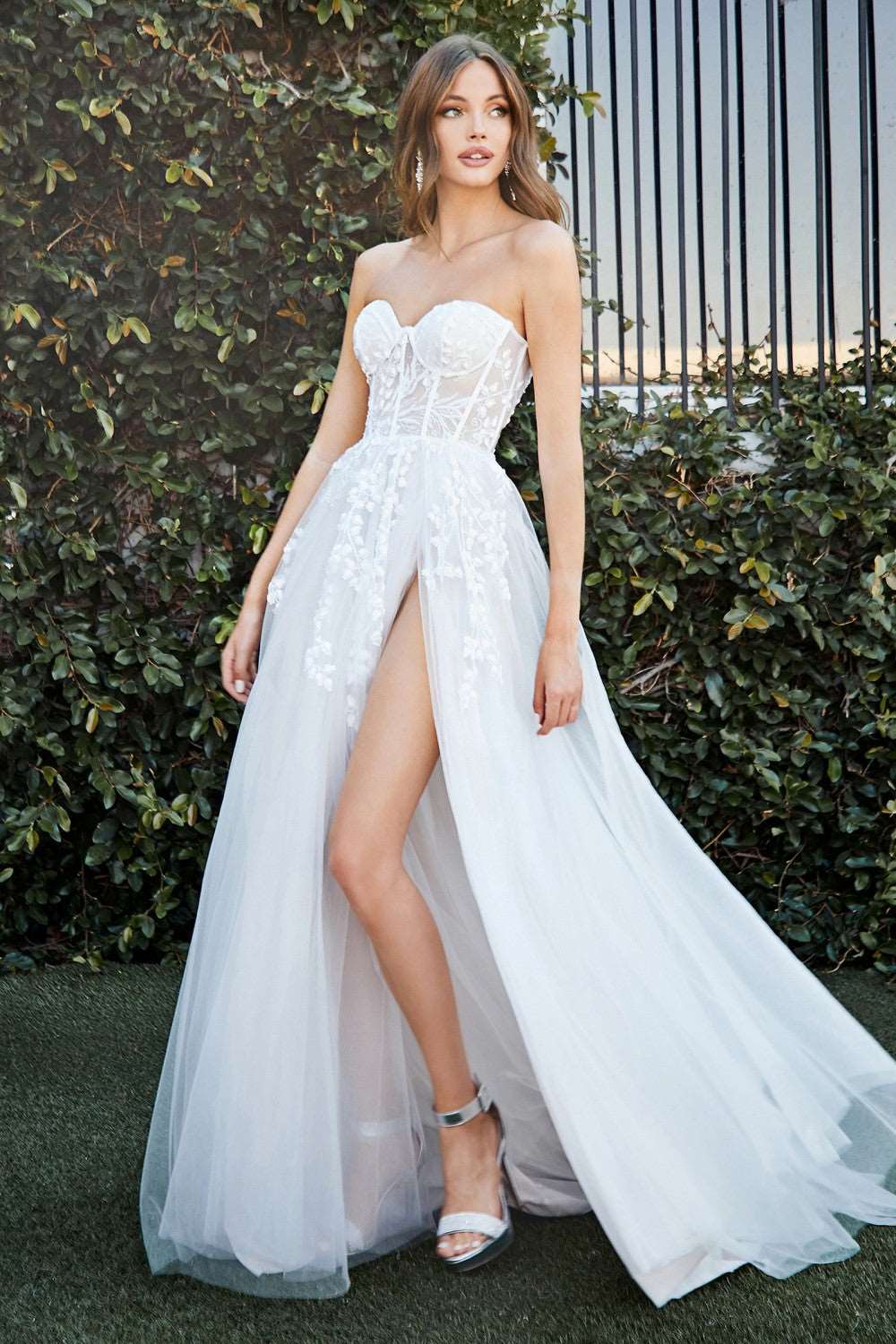 CD CB065W - Strapless A Line Wedding Gown with Floral Applique Corset –  Diggz Formals