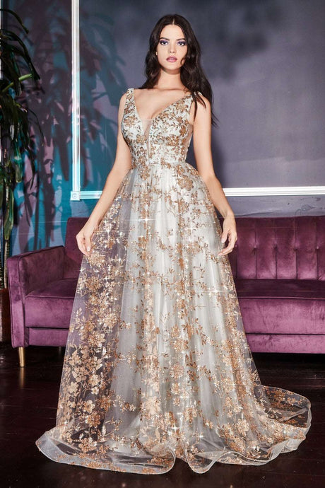 CD CB068 - Glitter Print A-Line Prom Gown with V-Neck Sheer Underarm Panels & Open Back PROM GOWN Cinderella Divine 12 GOLD SAGE 