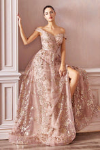 CD CB069 - Off the Shoulder Glitter Print A-Line Prom Gown with Ruched V-Neck Bodice & Leg Slit Prom Dress Cinderella Divine 10 GOLD MOCHA 