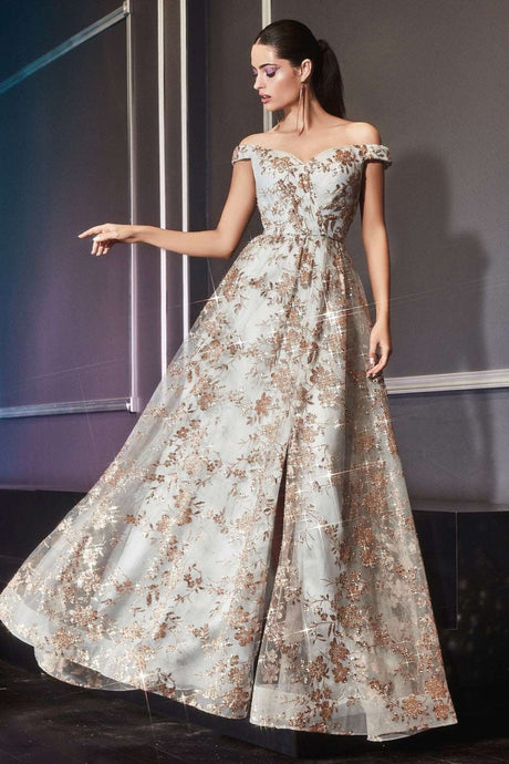 CD CB069 - Off the Shoulder Glitter Print A-Line Prom Gown with Ruched V-Neck Bodice & Leg Slit PROM GOWN Cinderella Divine   