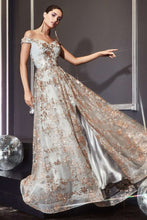 CD CB069 - Off the Shoulder Glitter Print A-Line Prom Gown with Ruched V-Neck Bodice & Leg Slit Prom Dress Cinderella Divine 10 GOLD MIST 