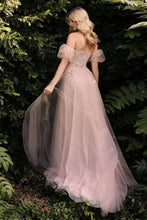 CD CB080 -Strapless A-Line Prom Gown with Sheer 3D Floral V-Neck Boned Bodice Removeable Puff Sleeves Layered Luminescent Tulle Skirt & High Leg Slit PROM GOWN Cinderella Divine   