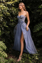 CD CB080 -Strapless A-Line Prom Gown with Sheer 3D Floral V-Neck Boned Bodice Removeable Puff Sleeves Layered Luminescent Tulle Skirt & High Leg Slit PROM GOWN Cinderella Divine 2 SMOKY BLUE 