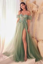 CD CB080 -Strapless A-Line Prom Gown with Sheer 3D Floral V-Neck Boned Bodice Removeable Puff Sleeves Layered Luminescent Tulle Skirt & High Leg Slit PROM GOWN Cinderella Divine 2 SAGE 