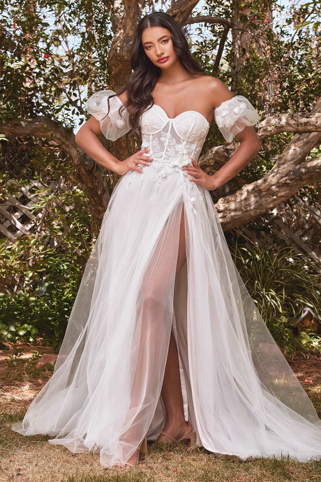 CD CB080W - Strapless A-Line Wedding Gown with Sheer 3D Floral Boned Bodice Puff Sleeves Layered Tulle Skirt & Leg Slit Wedding Gown Cinderella Divine   
