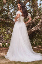 CD CB080W - Strapless A-Line Wedding Gown with Sheer 3D Floral Boned Bodice Puff Sleeves Layered Tulle Skirt & Leg Slit Wedding Gown Cinderella Divine   