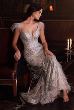 CD CB088 - Feather Accented Glitter Print Fit & Flare Prom Gown with Plunging V-Neck & Open Back Prom Dress Cinderella Divine   