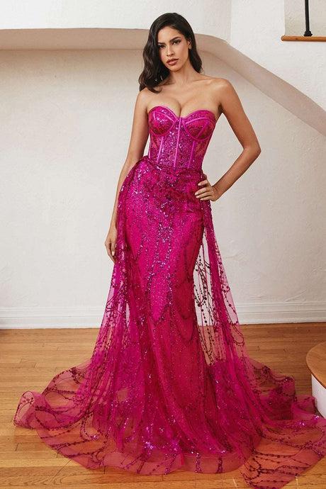 CD CB095 - Strapless Shimmering Mermaid Lace Prom Gown with Boned Bodice & Over Skirt PROM GOWN Cinderella Divine 4 FUCHSIA 